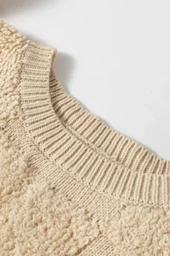 Online Dear-Lover Checkered Sherpa Crew Neck Loose Sweater Parchment