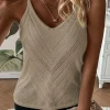 Clearance Dear-Lover Chevron Pointelle Knit Spaghetti Straps Sweater Vest Parchment