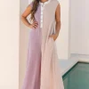 New Dear-Lover Color Block Corded Knit Buttoned Super Wide Leg Jumpsuit Parchment