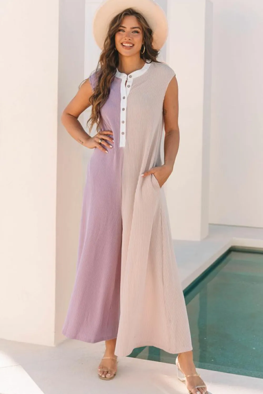 New Dear-Lover Color Block Corded Knit Buttoned Super Wide Leg Jumpsuit Parchment