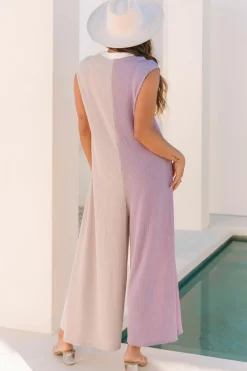 New Dear-Lover Color Block Corded Knit Buttoned Super Wide Leg Jumpsuit Parchment