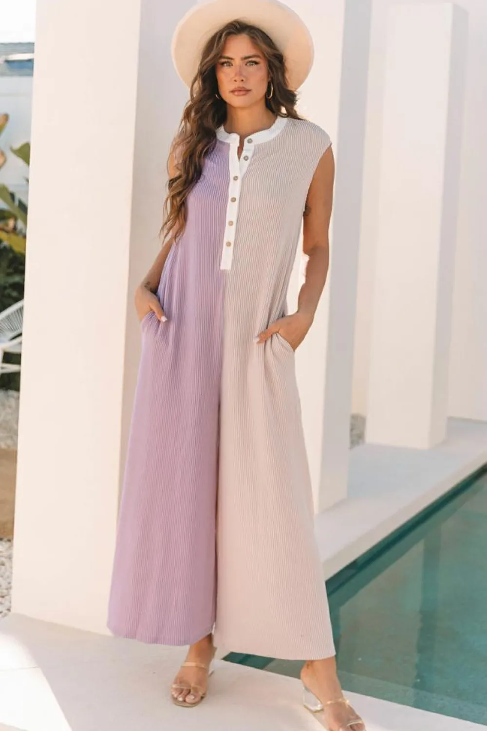 New Dear-Lover Color Block Corded Knit Buttoned Super Wide Leg Jumpsuit Parchment