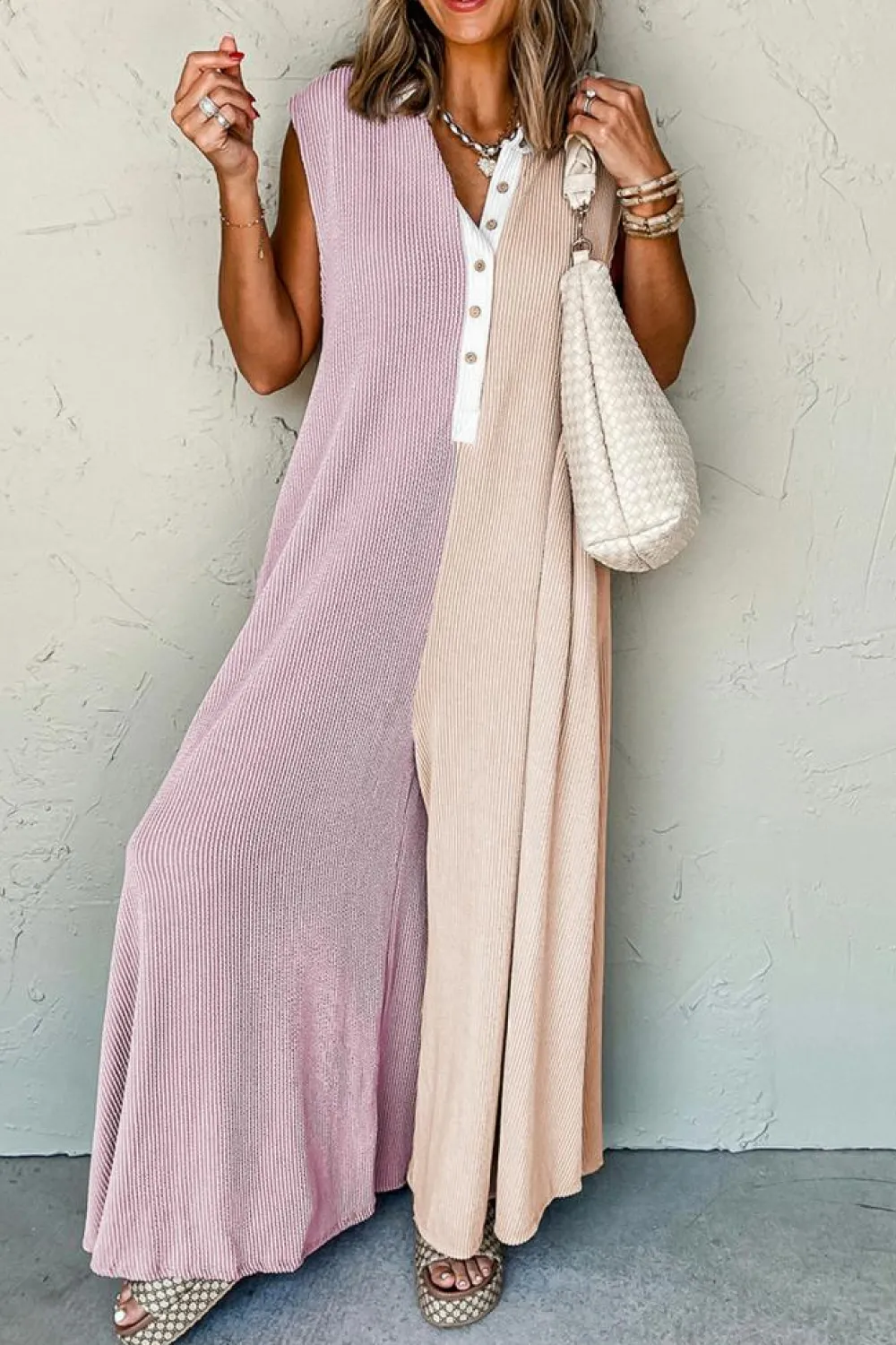 New Dear-Lover Color Block Corded Knit Buttoned Super Wide Leg Jumpsuit Parchment