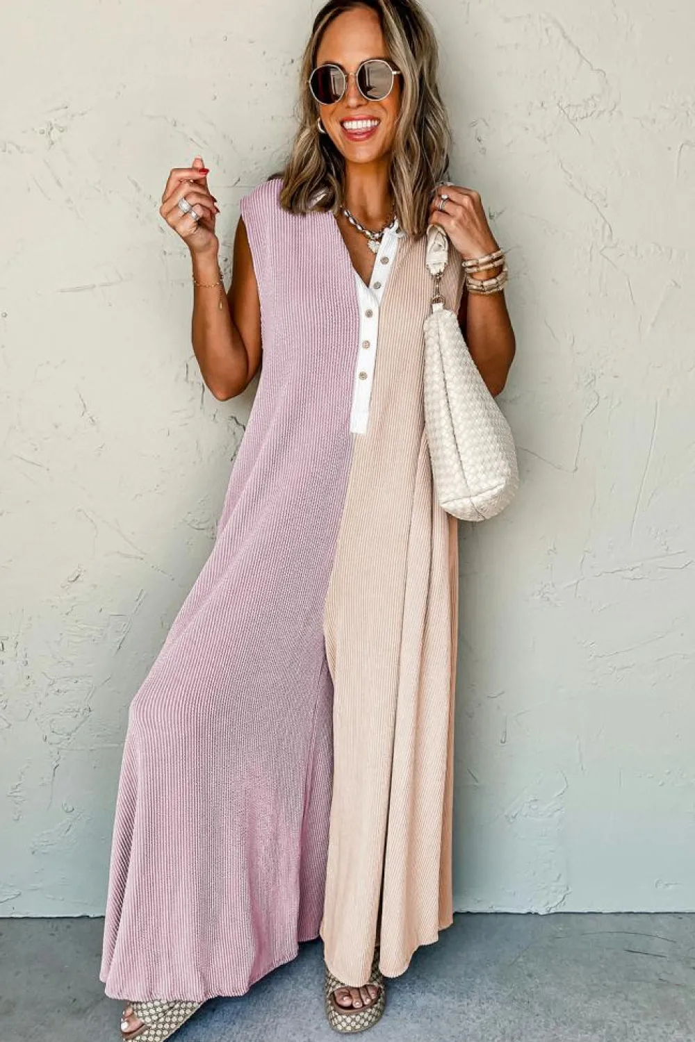 New Dear-Lover Color Block Corded Knit Buttoned Super Wide Leg Jumpsuit Parchment