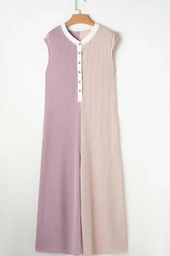 New Dear-Lover Color Block Corded Knit Buttoned Super Wide Leg Jumpsuit Parchment