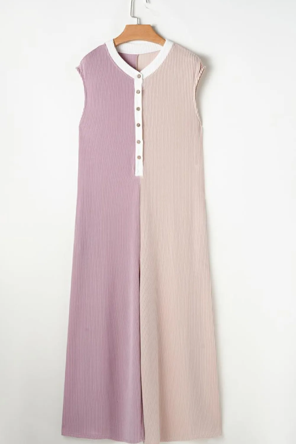 New Dear-Lover Color Block Corded Knit Buttoned Super Wide Leg Jumpsuit Parchment