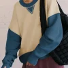 Clearance Dear-Lover Color Block Thumbhole Sleeve Drop Shoulder Sweatshirt Parchment