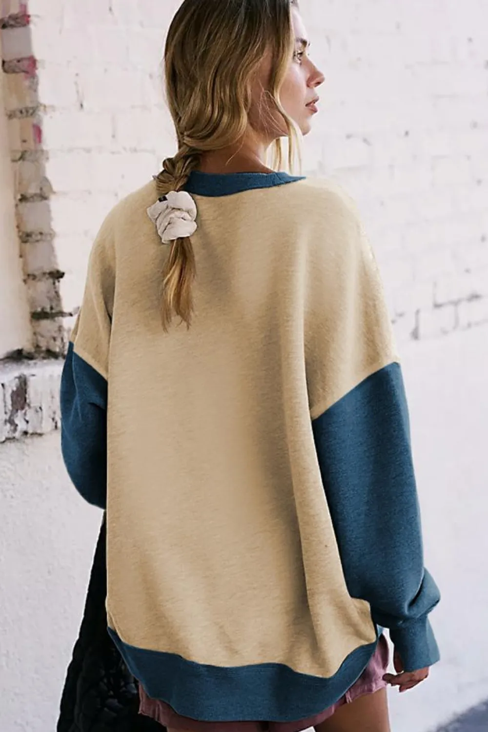 Clearance Dear-Lover Color Block Thumbhole Sleeve Drop Shoulder Sweatshirt Parchment