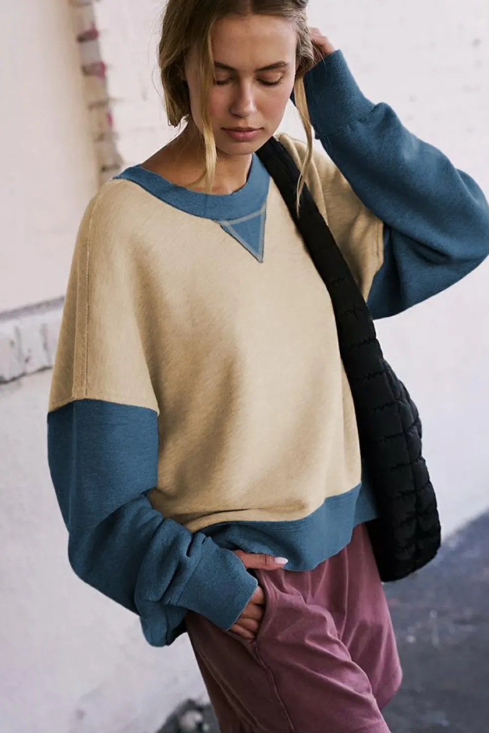 Clearance Dear-Lover Color Block Thumbhole Sleeve Drop Shoulder Sweatshirt Parchment