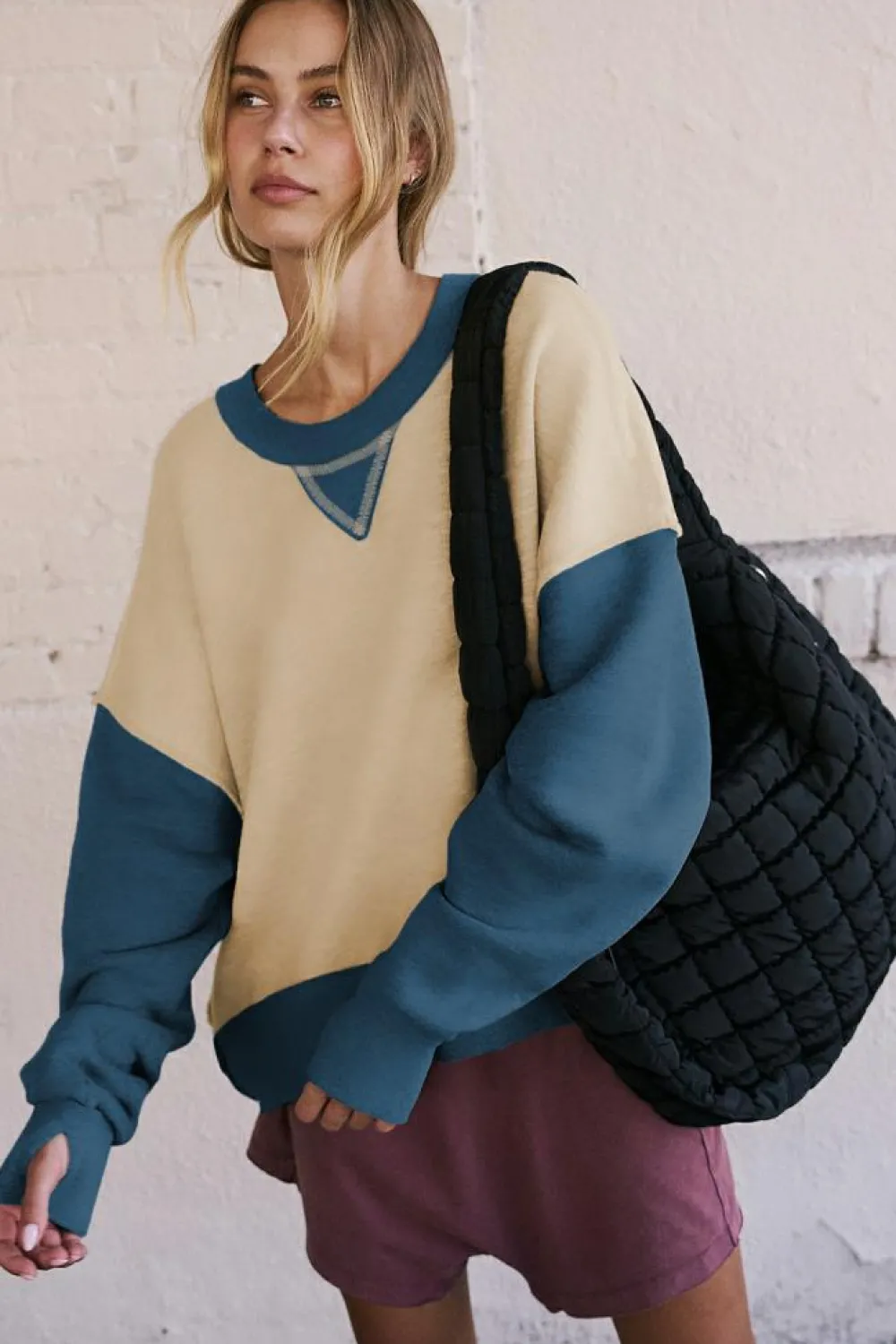 Clearance Dear-Lover Color Block Thumbhole Sleeve Drop Shoulder Sweatshirt Parchment
