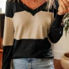 Sale Dear-Lover Colorblock Button Decor Long Sleeve V Neck Top Parchment