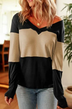 Sale Dear-Lover Colorblock Button Decor Long Sleeve V Neck Top Parchment