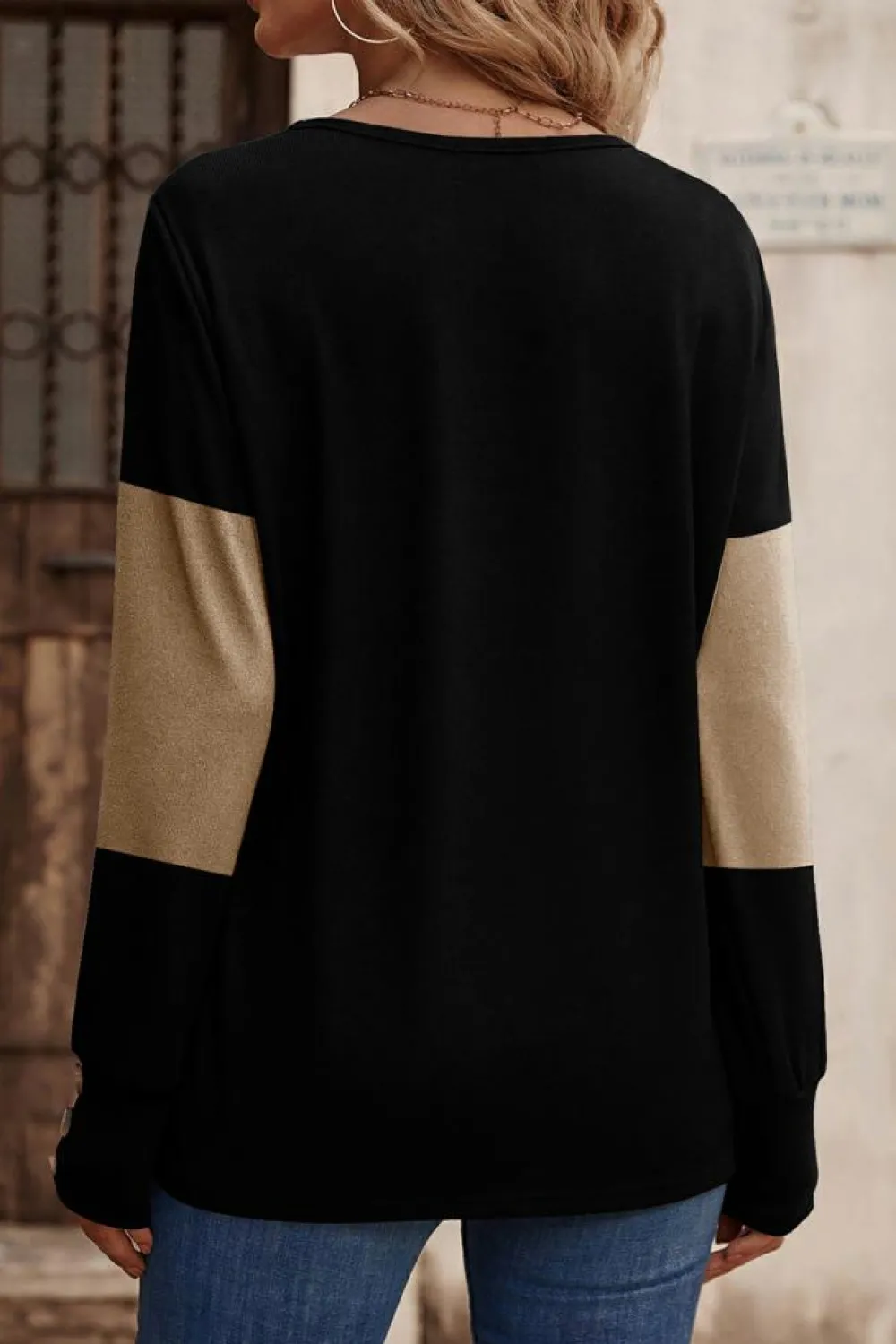 Sale Dear-Lover Colorblock Button Decor Long Sleeve V Neck Top Parchment