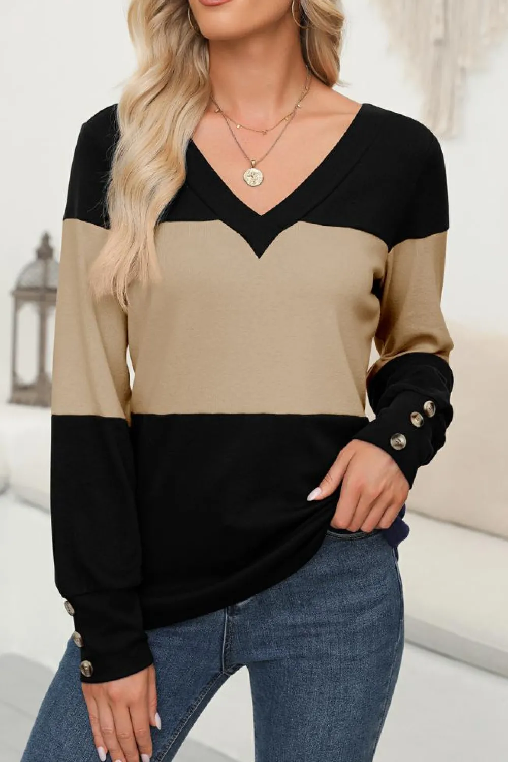 Sale Dear-Lover Colorblock Button Decor Long Sleeve V Neck Top Parchment