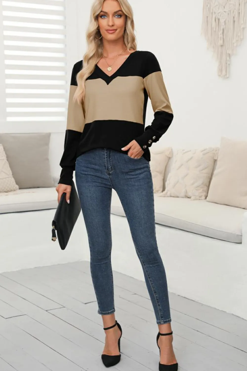 Sale Dear-Lover Colorblock Button Decor Long Sleeve V Neck Top Parchment