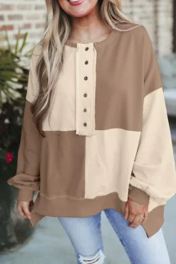 Outlet Dear-Lover Colorblock Henley High Low Oversize Sweatshirt Parchment