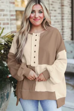 Outlet Dear-Lover Colorblock Henley High Low Oversize Sweatshirt Parchment