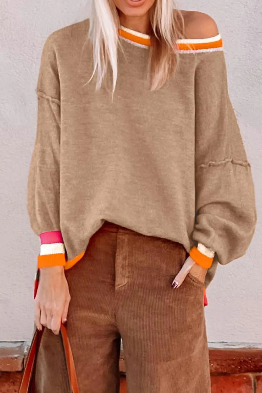 Online Dear-Lover Colorblock Striped Trim Drop Shoulder Sweater Parchment