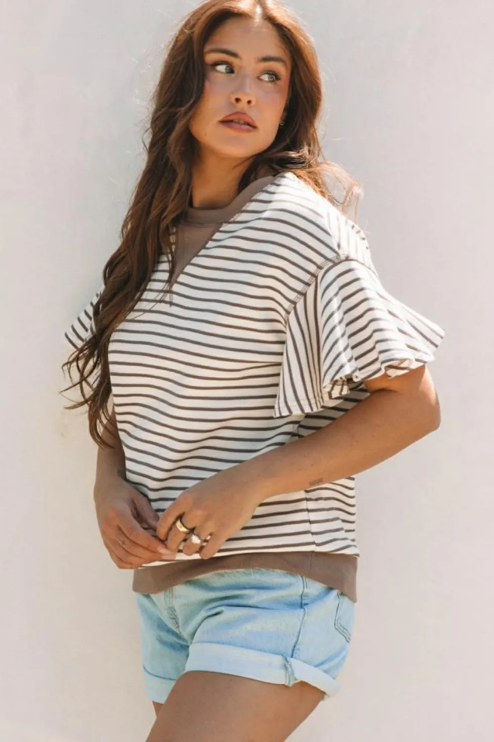 Outlet Dear-Lover Contrast Detail Striped Ruffle Short Sleeve Top Parchment