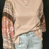 Hot Dear-Lover Contrast Floral Patchwork Puff Sleeve Waffle Knit Top Parchment