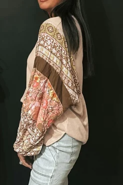 Hot Dear-Lover Contrast Floral Patchwork Puff Sleeve Waffle Knit Top Parchment