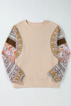 Hot Dear-Lover Contrast Floral Patchwork Puff Sleeve Waffle Knit Top Parchment