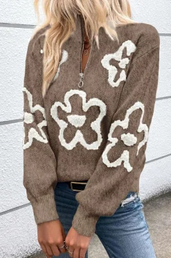 New Dear-Lover Contrast Flower Half Zipper Stand Neck Sweater Parchment