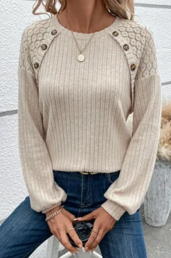 Fashion Dear-Lover Contrast Lace Raglan Sleeve Buttoned Ribbed Top Parchment