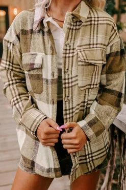 New Dear-Lover Contrast Plaid Patchwork Flap Pocket Shacket Parchment