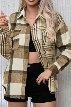 New Dear-Lover Contrast Plaid Patchwork Flap Pocket Shacket Parchment