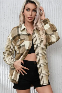 New Dear-Lover Contrast Plaid Patchwork Flap Pocket Shacket Parchment