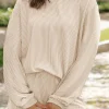 Online Dear-Lover Corded Knit Long Sleeve Top and High Waist Shorts Set Parchment