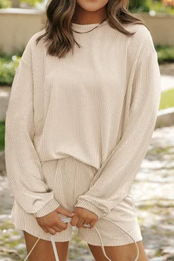Online Dear-Lover Corded Knit Long Sleeve Top and High Waist Shorts Set Parchment