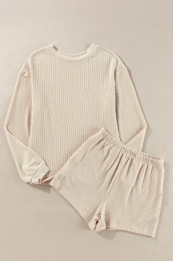 Online Dear-Lover Corded Knit Long Sleeve Top and High Waist Shorts Set Parchment