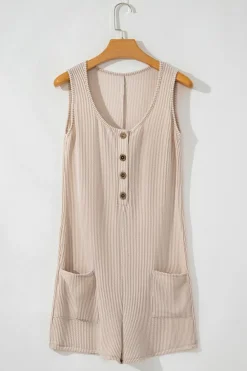 Discount Dear-Lover Corded Knit Side Pockets Buttoned Sleeveless Romper Parchment