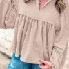 Discount Dear-Lover Corded Turn-down V Neck Bubble Sleeve Babydoll Blouse Parchment