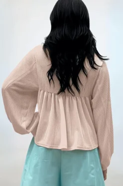 Discount Dear-Lover Corded Turn-down V Neck Bubble Sleeve Babydoll Blouse Parchment