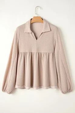 Discount Dear-Lover Corded Turn-down V Neck Bubble Sleeve Babydoll Blouse Parchment