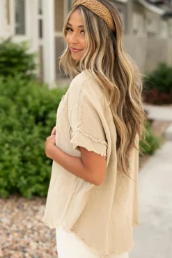 Best Dear-Lover Crinkle Textured Frayed Trim Half Button Short Sleeve Top Parchment