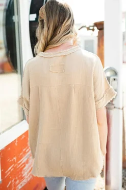 Best Dear-Lover Crinkle Textured Frayed Trim Half Button Short Sleeve Top Parchment