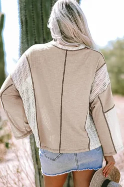 New Dear-Lover Crochet Detail Exposed Seam High Low Loose Top Parchment