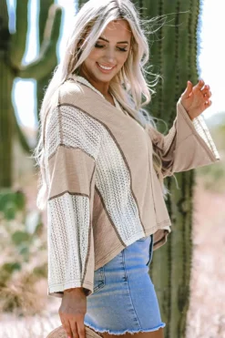 New Dear-Lover Crochet Detail Exposed Seam High Low Loose Top Parchment