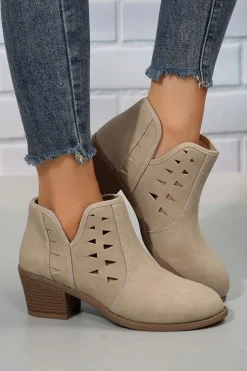 Best Dear-Lover Cut Out Suede Pointed Toe Heeled Ankle Boots Parchment