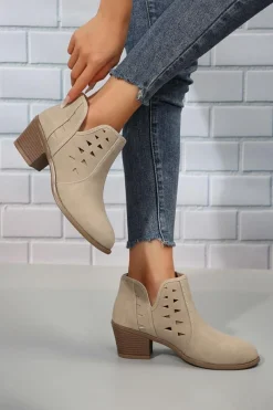 Best Dear-Lover Cut Out Suede Pointed Toe Heeled Ankle Boots Parchment