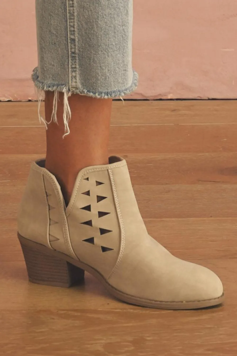 Best Dear-Lover Cut Out Suede Pointed Toe Heeled Ankle Boots Parchment