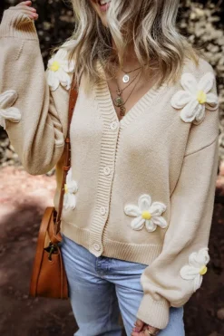 Sale Dear-Lover Elegant Flower Decor Button Front Cardigan Parchment