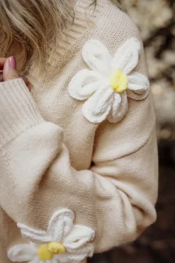 Sale Dear-Lover Elegant Flower Decor Button Front Cardigan Parchment