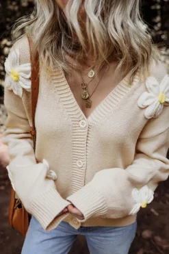 Sale Dear-Lover Elegant Flower Decor Button Front Cardigan Parchment