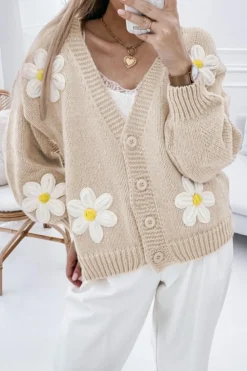 Sale Dear-Lover Elegant Flower Decor Button Front Cardigan Parchment