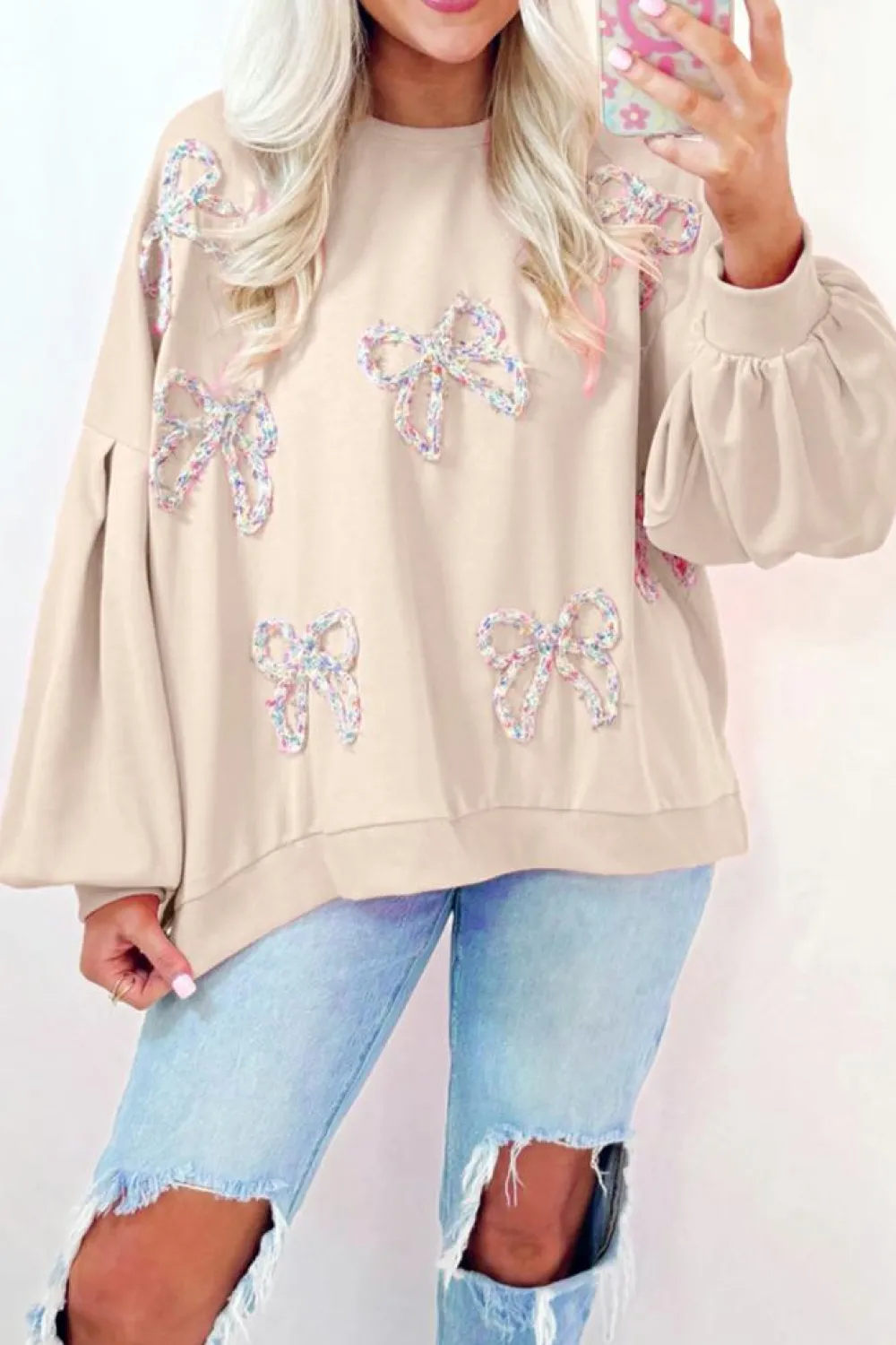 Clearance Dear-Lover Embroidered Bow Lantern Sleeve Oversized Pullover Sweatshirt Parchment
